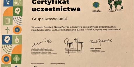 Powiększ grafikę: Certyfikat dla 3-latków za udział w Akcji Sprzątanie Świata